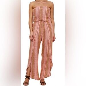 Anthropologie‎ Drew Strapless Boho Jumpsuit Linen Blend Salmon